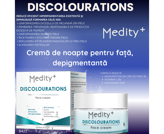 Cremă de noapte pentru față, depigmentantă, Medity+ Cremă de noapte pentru față, depigmentantă, Medity+